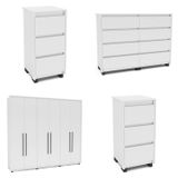 Quarto Casal Completo Guarda Roupa 6 Portas Cômoda 8 Gavetas 2 Mesa De Cabeceira 3 Gavetas Branco