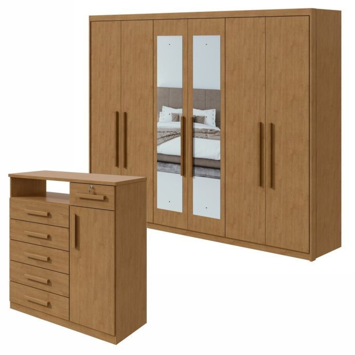Conjunto De Guarda-roupa 6 Portas Áries Com Espelho E Cômoda Da Vinci Com Nicho Amêndoa Clean