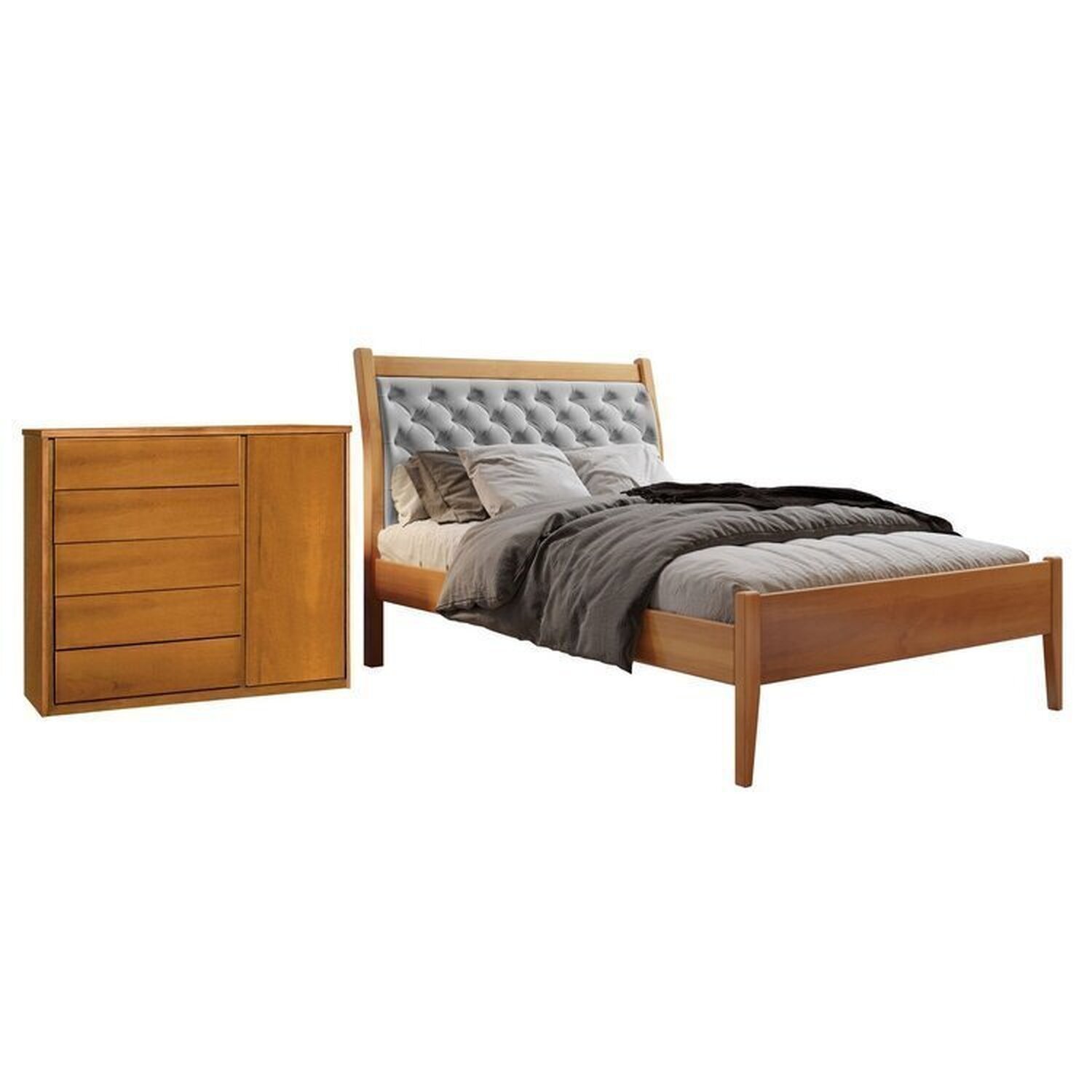 Conjunto Quarto De Solteiro Cama Vivare E Cômoda 5 Gavetas Com Sapateira Amêndoa Mel/cinza Claro