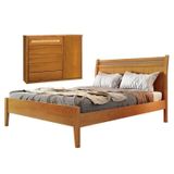 Conjunto Quarto De Casal Cama Madeira Maciça Rattan 140cm E Cômoda Rattan 5 Gavetas Com Sapateira Amêndoa Mel