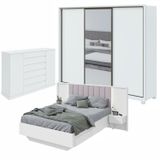 Quarto Com Guarda-roupa Com Espelho 3 Portas 6 Gavetas, Cômoda 2 Portas 7 Gavetas E Cama Solaris Branco