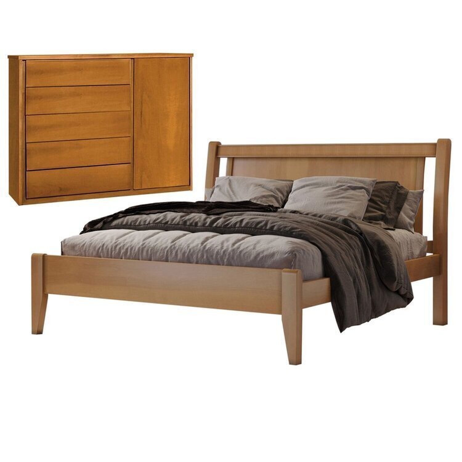 Conjunto Quarto De Casal Com Cama Queen E Cômoda 5 Gavetas Com Sapateira Unique Amêndoa Mel