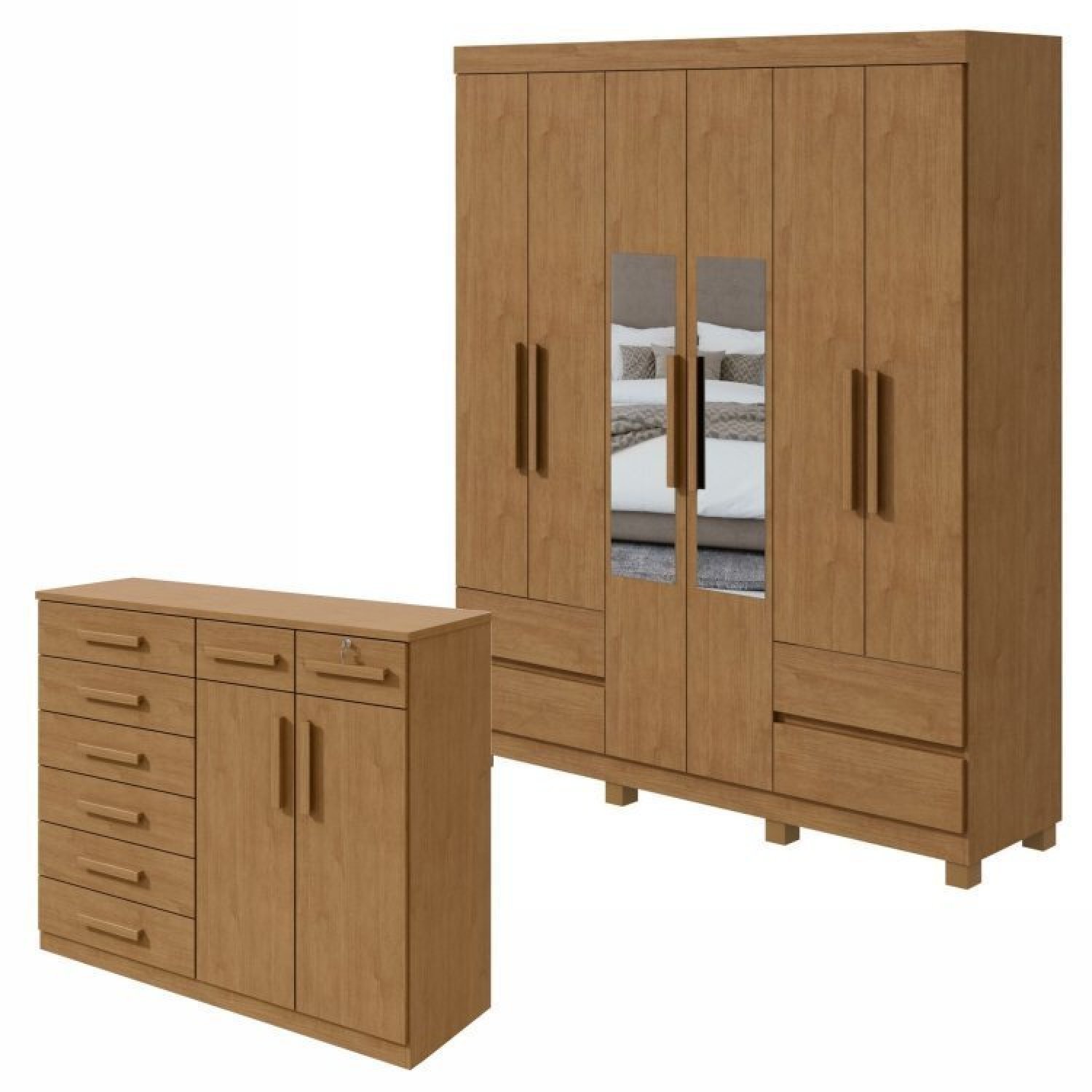 Conjunto De Guarda-roupa 6 Portas 4 Gavetas Zeus Com Espelho E Com Pés e Cômoda Toronto Amêndoa Clean