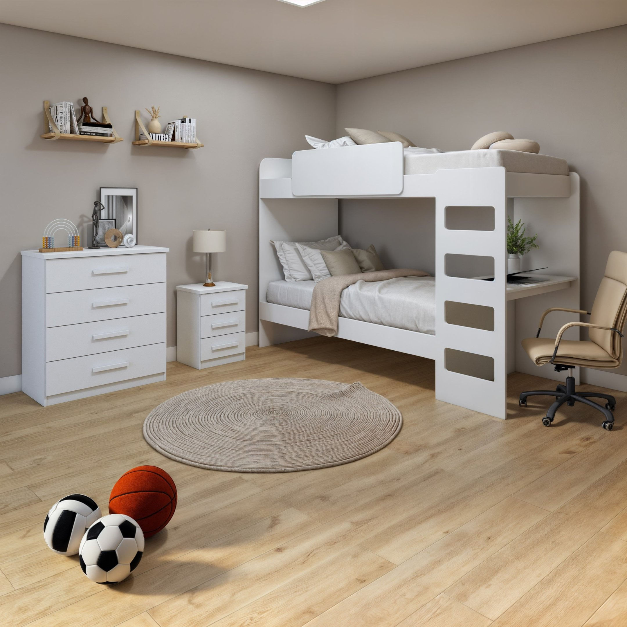 Quarto Infantil Beliche Olga Com Cômoda E Mesa De Cabeceira Baião Branco