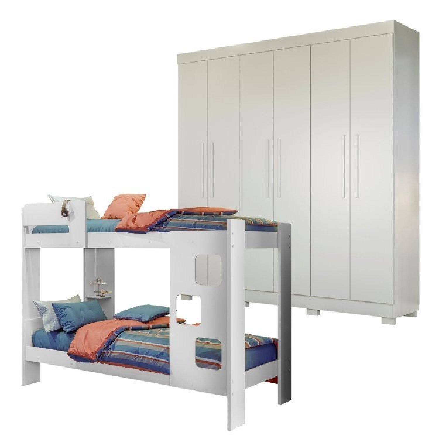 Quarto Infantil/juvenil Com Beliche Vegas E Guarda Roupa 6 Portas 4 Gavetas Flórida 100% Mdf Branco