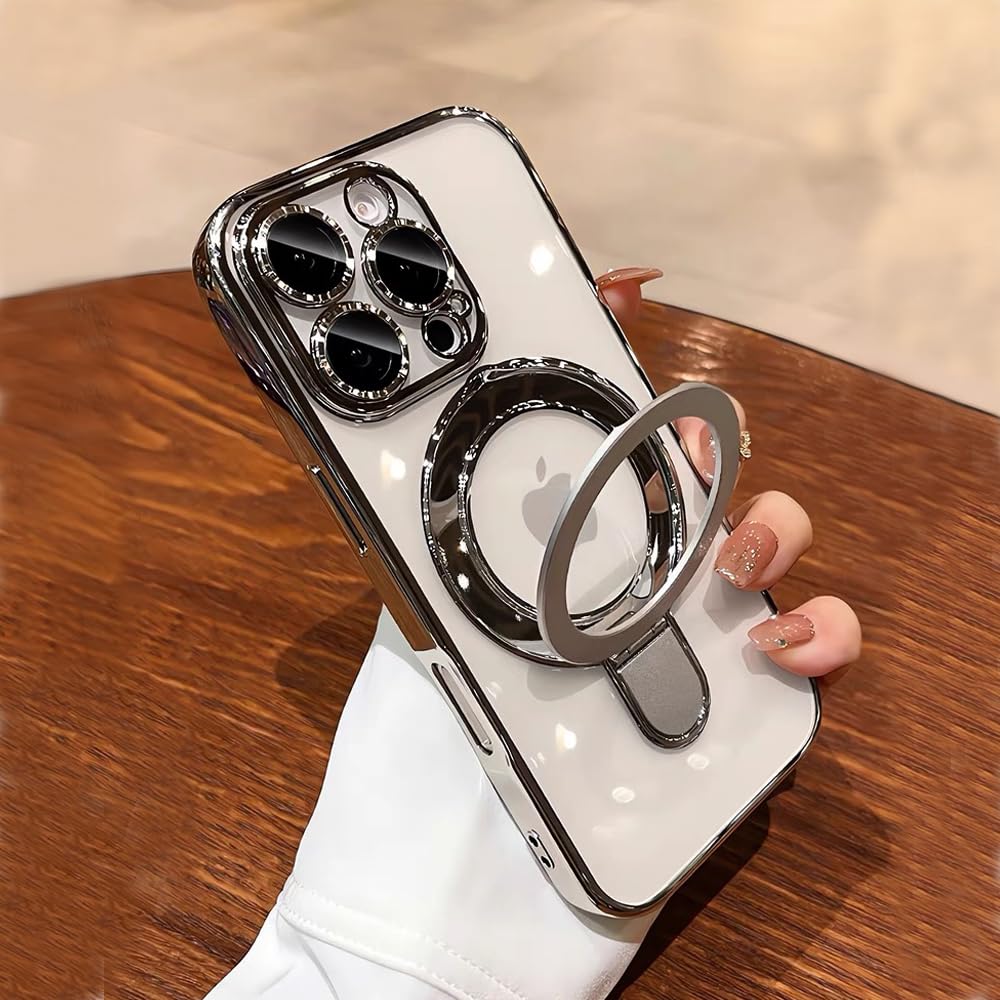 Capa Magnética Qsietspy Para Iphone 15 Plus Com Suporte Prateado