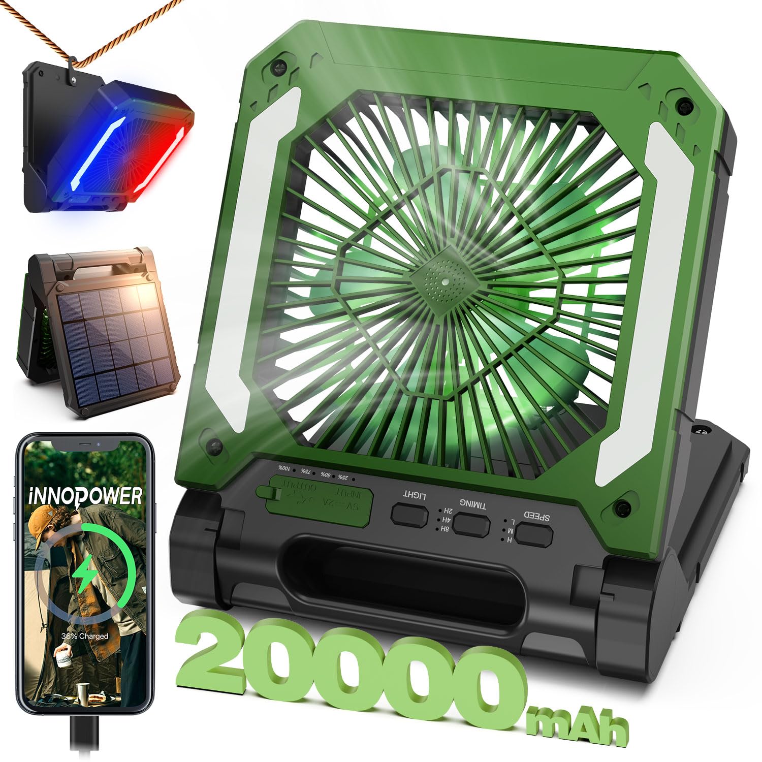 Ventilador De Acampamento Solar Recarregável 20000mah Com Lanterna Led Verde