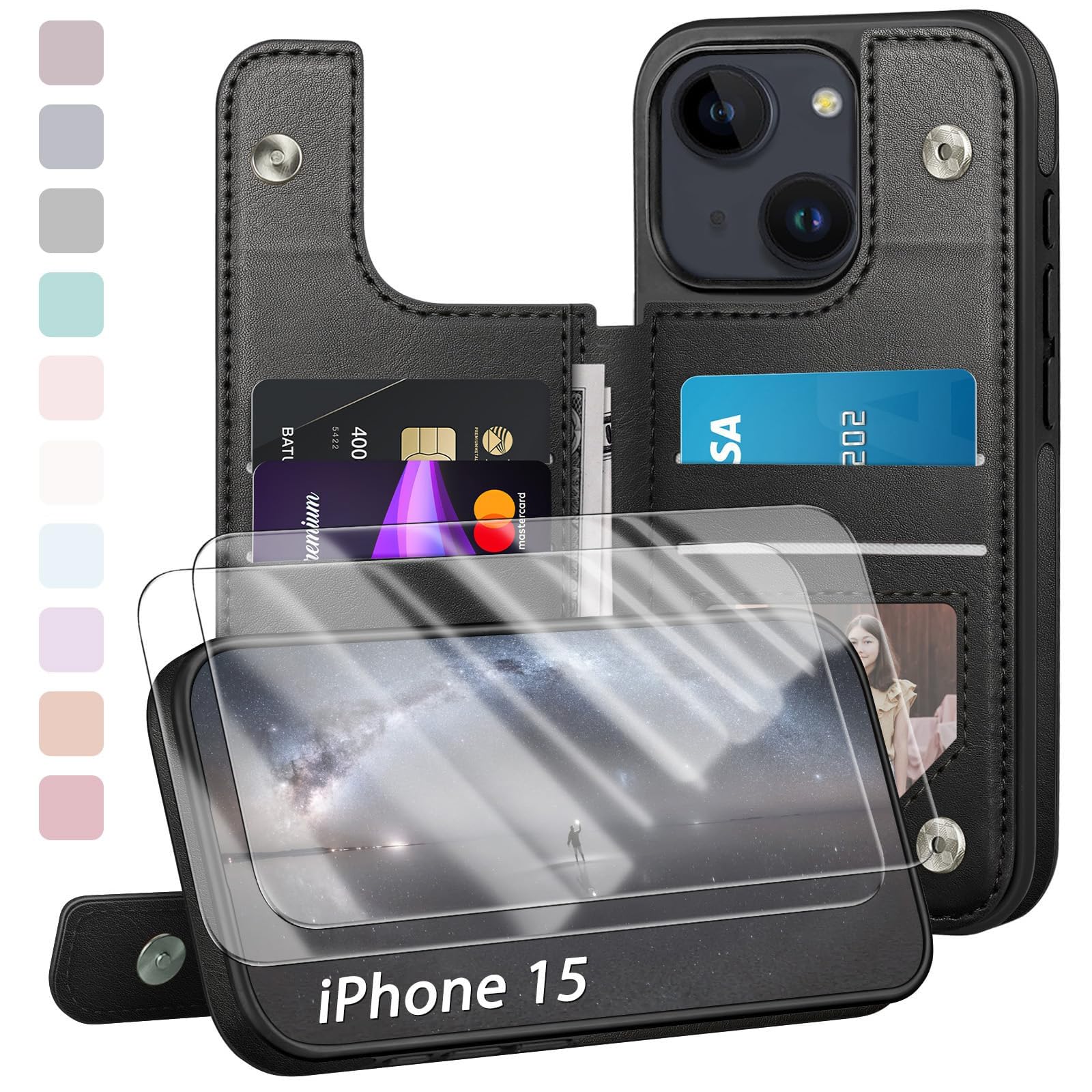 Capa Wallet Djduck Projetada Para Iphone 15 6.1 Com 2 Protetores