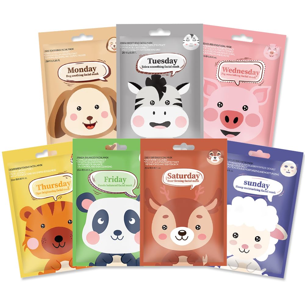 Sheet Masks Kaely Animal Character Kids/teens, Pacote Com 7, Conjunto De 01