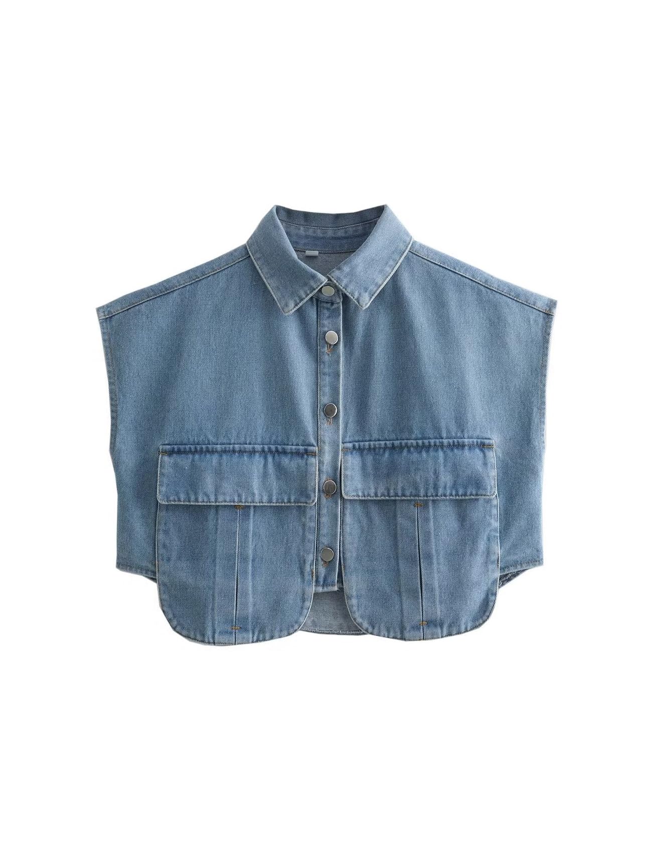 Camisa Perbai Cropped Denim Sem Mangas Feminina Azul Claro Tamanho L