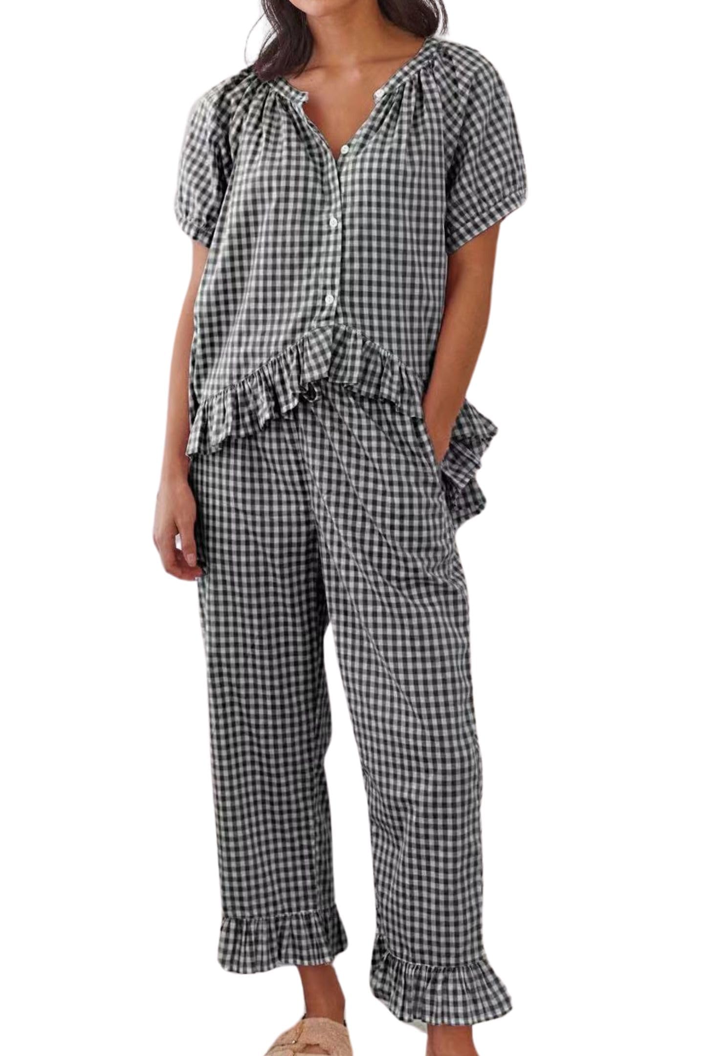 Conjunto De Pijama Feminino Codcm De Manga Curta De Guingão Preto (l)