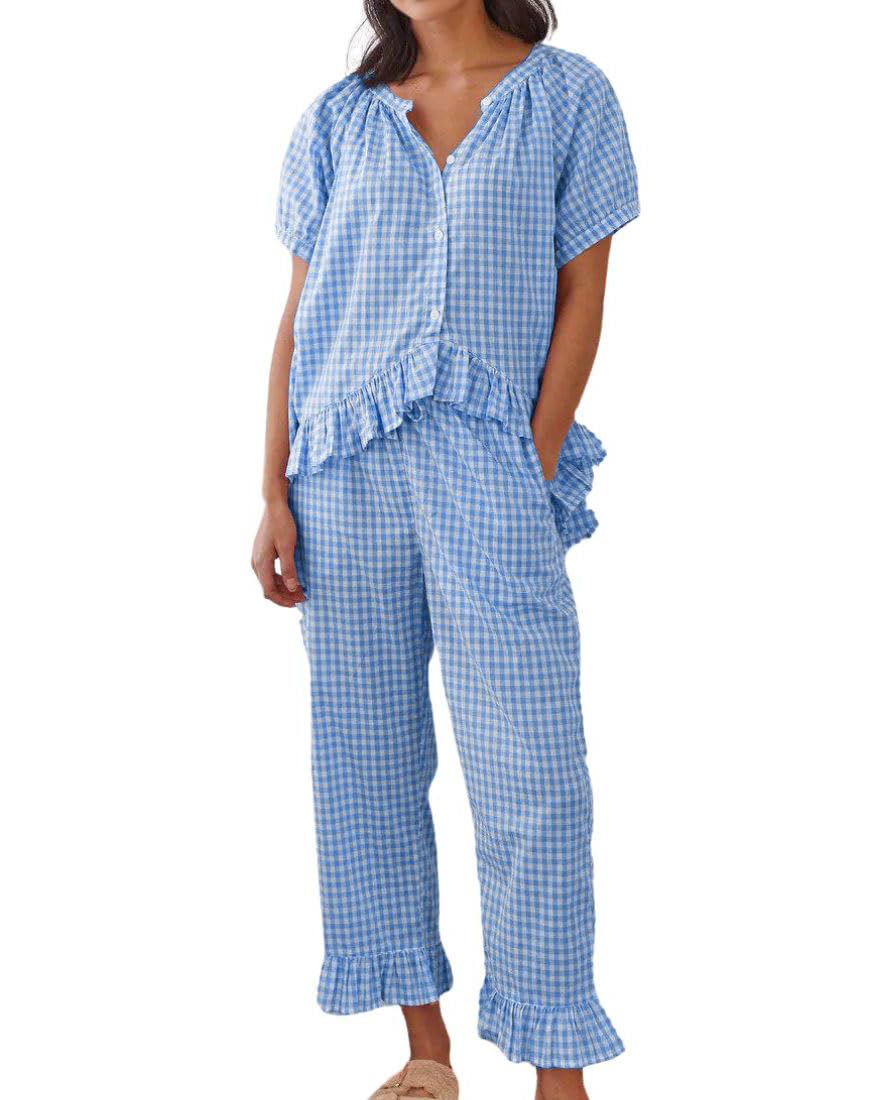 Conjunto De Pijama Feminino Codcm Gingham, 2 Peças De Manga Curta (azul Claro, Xs)