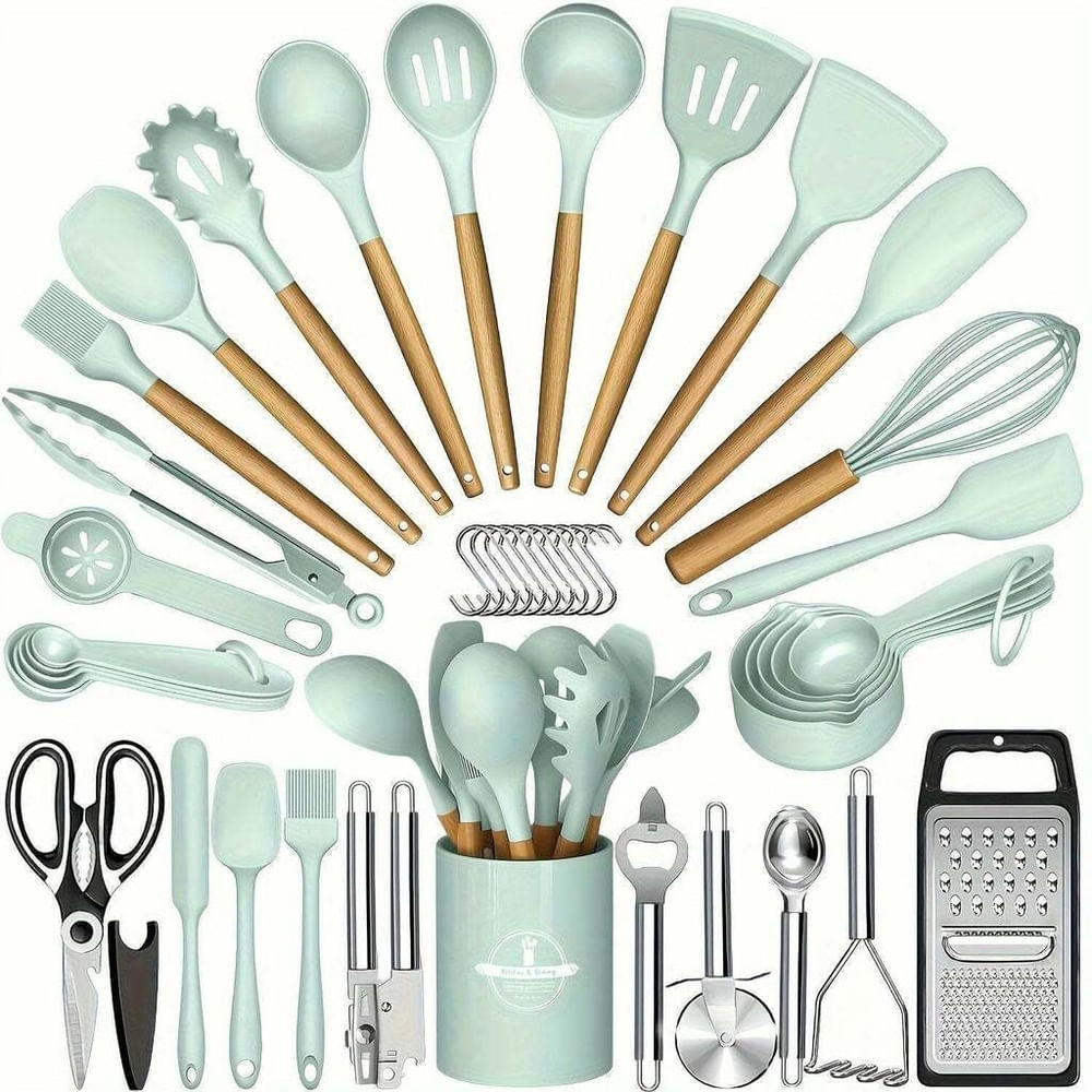 Kit 44 Utenslios De Cozinha Silicone E Madeira Antiaderente Verde