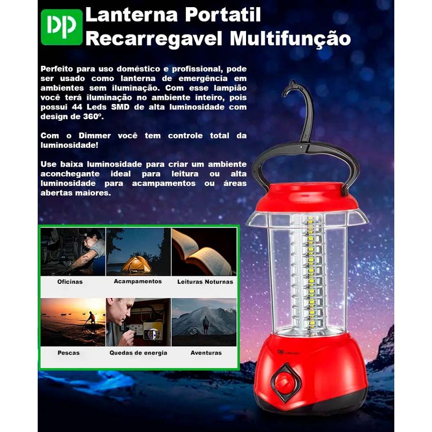 Lampião Portátil Retrô 44 Leds Recarregável 8.8w Bivolt E C/ Porta Para Carregador Solar, Alça De Mão E Gancho - imagem 3
