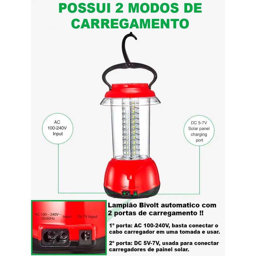 Lampião Portátil Retrô 44 Leds Recarregável 8.8w Bivolt E C/ Porta Para Carregador Solar, Alça De Mão E Gancho - imagem 4
