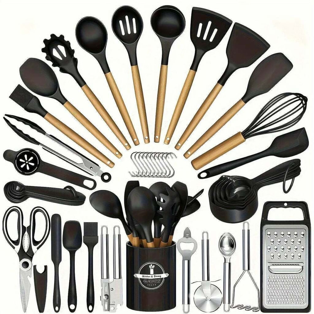 Kit 44 Utenslios De Cozinha Silicone E Madeira Antiaderente Preto