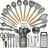 Kit 44 Utenslios De Cozinha Silicone E Madeira Antiaderente Cinza