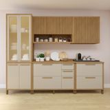 Cozinha Completa Torino Com 2 Aéreos, 1 Paneleiro Porta De Vidro E 2 Balcões Cinamomo/off White