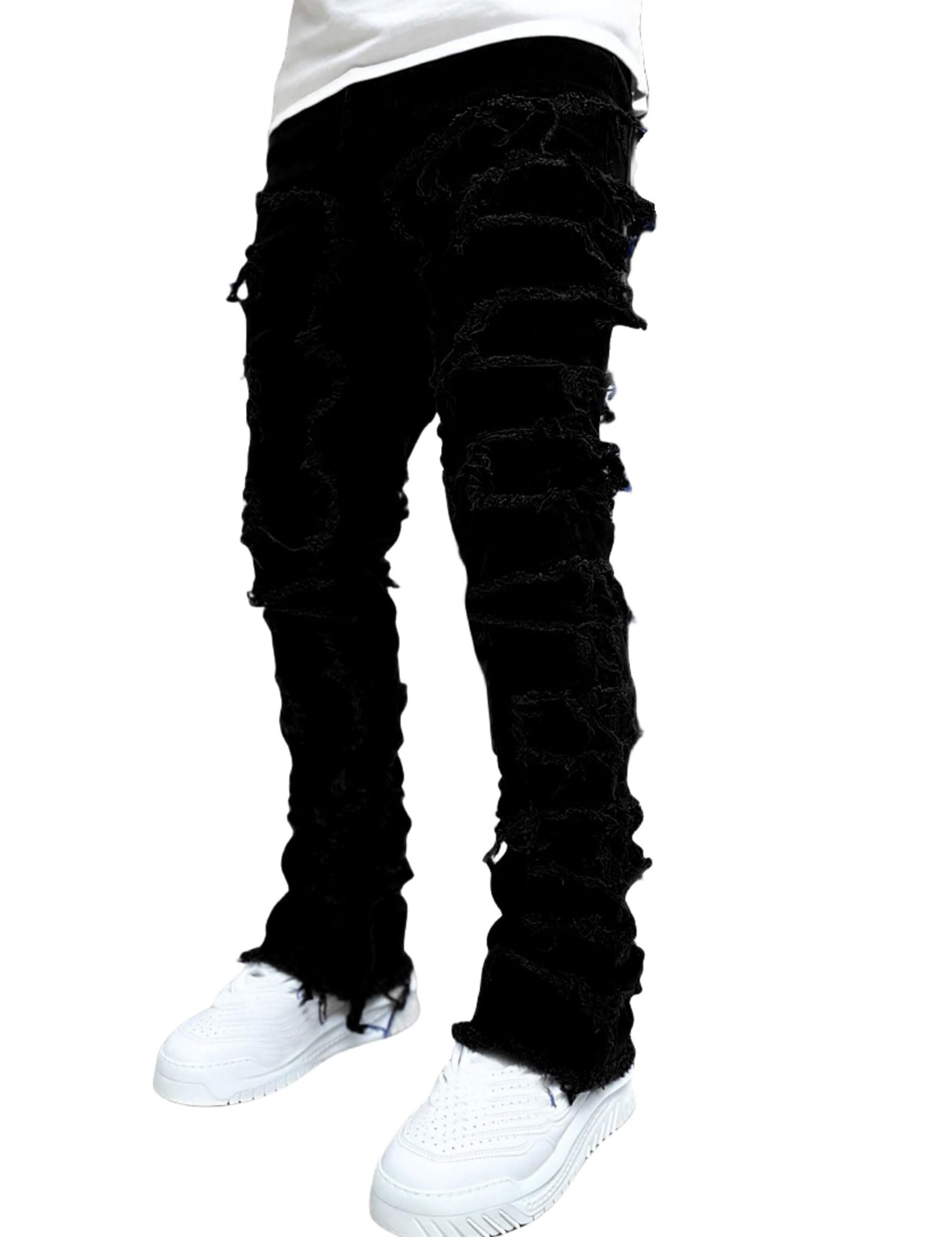 Jeans Volymoon Stacked Slim Straight Ripped Pretos Para Homens