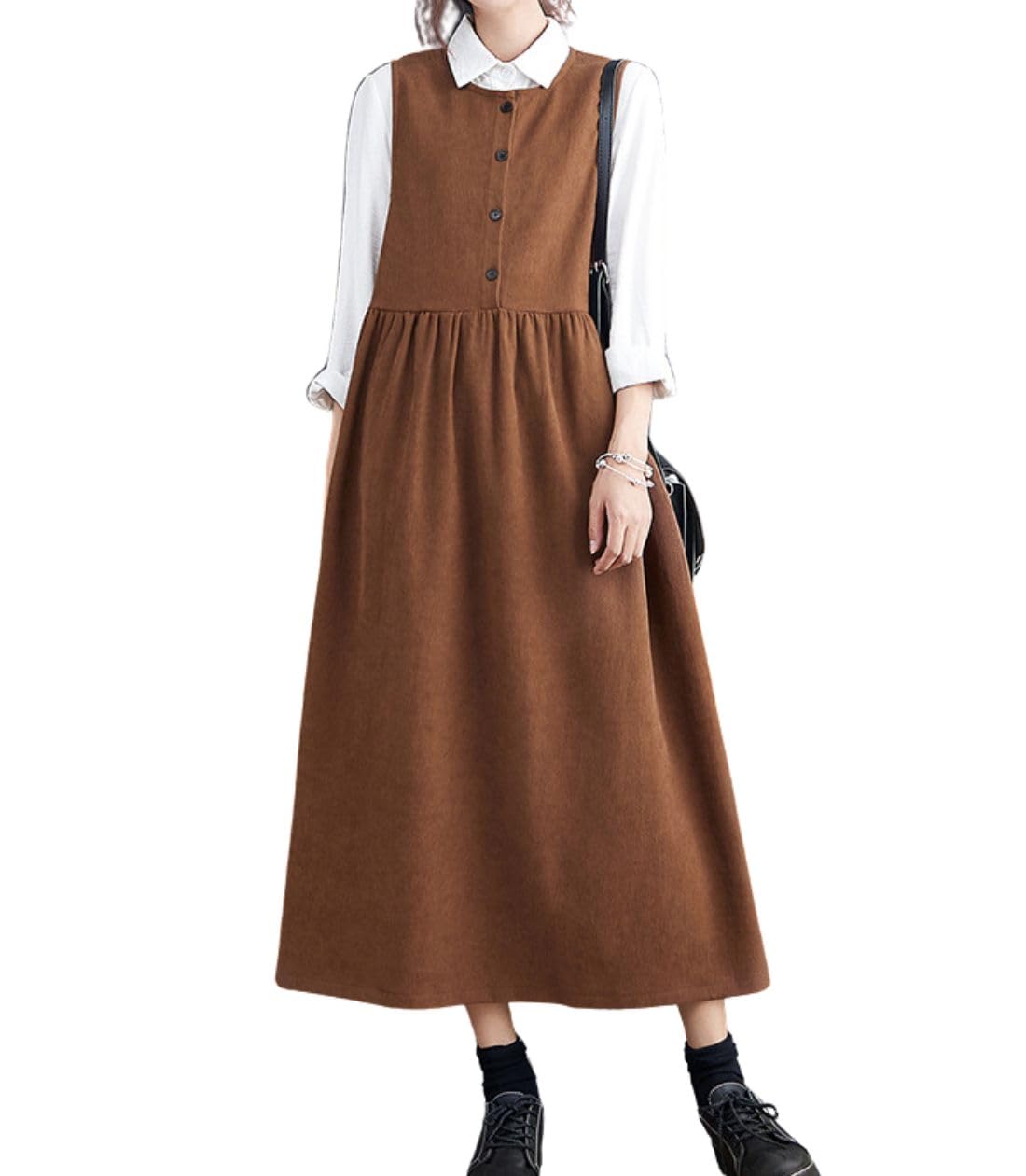 Vestido Geral Chouyatou Feminino De Veludo Cotelê Sem Mangas Marrom