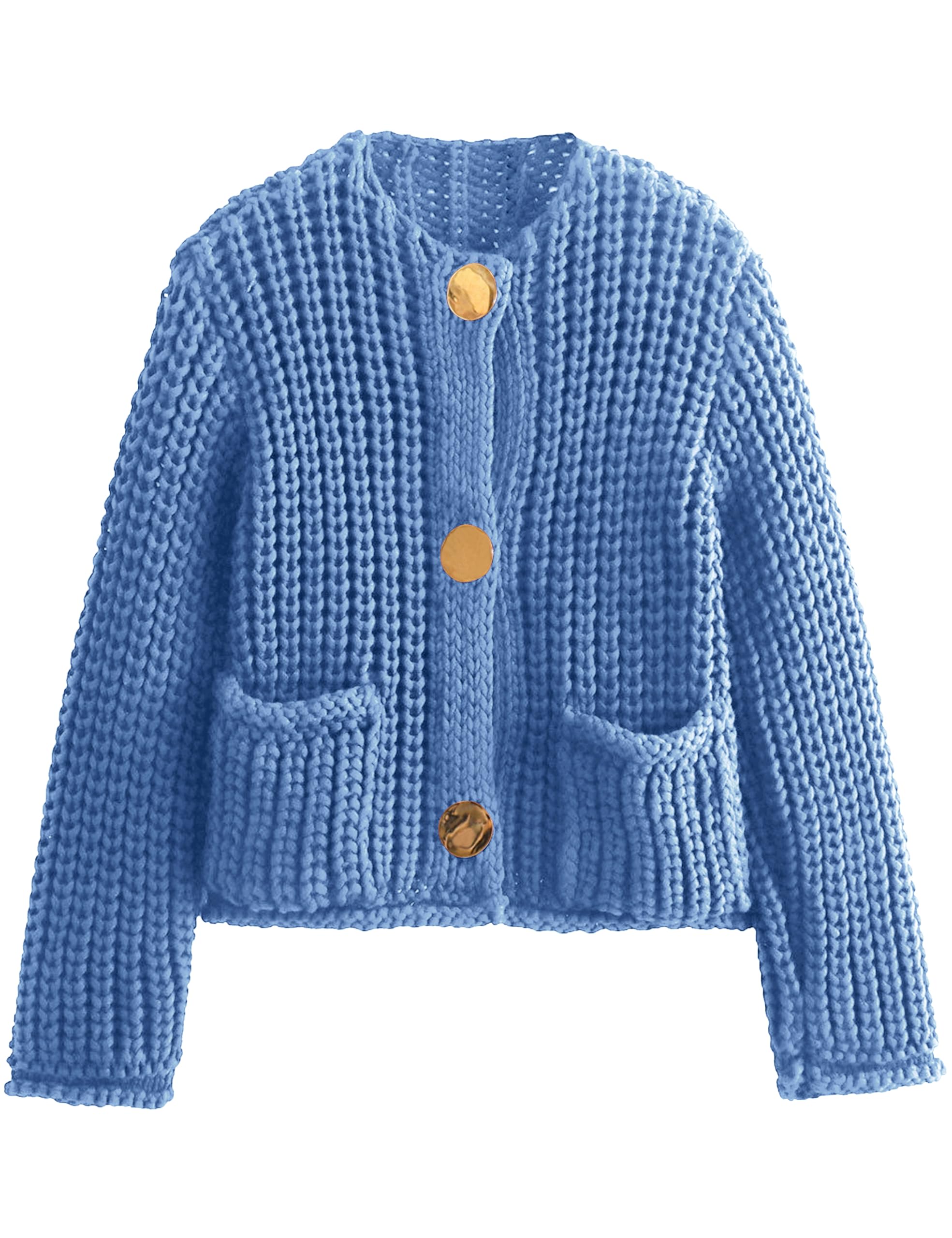 Suéter De Cardigã Feminino Hvewarm, De Malha Grossa, Azul, Cortado