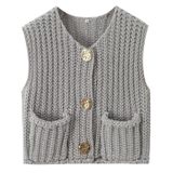 Colete De Malha Feminino Aicharmwa, Grosso, Com Botões, Crochê, Cinza, Xs