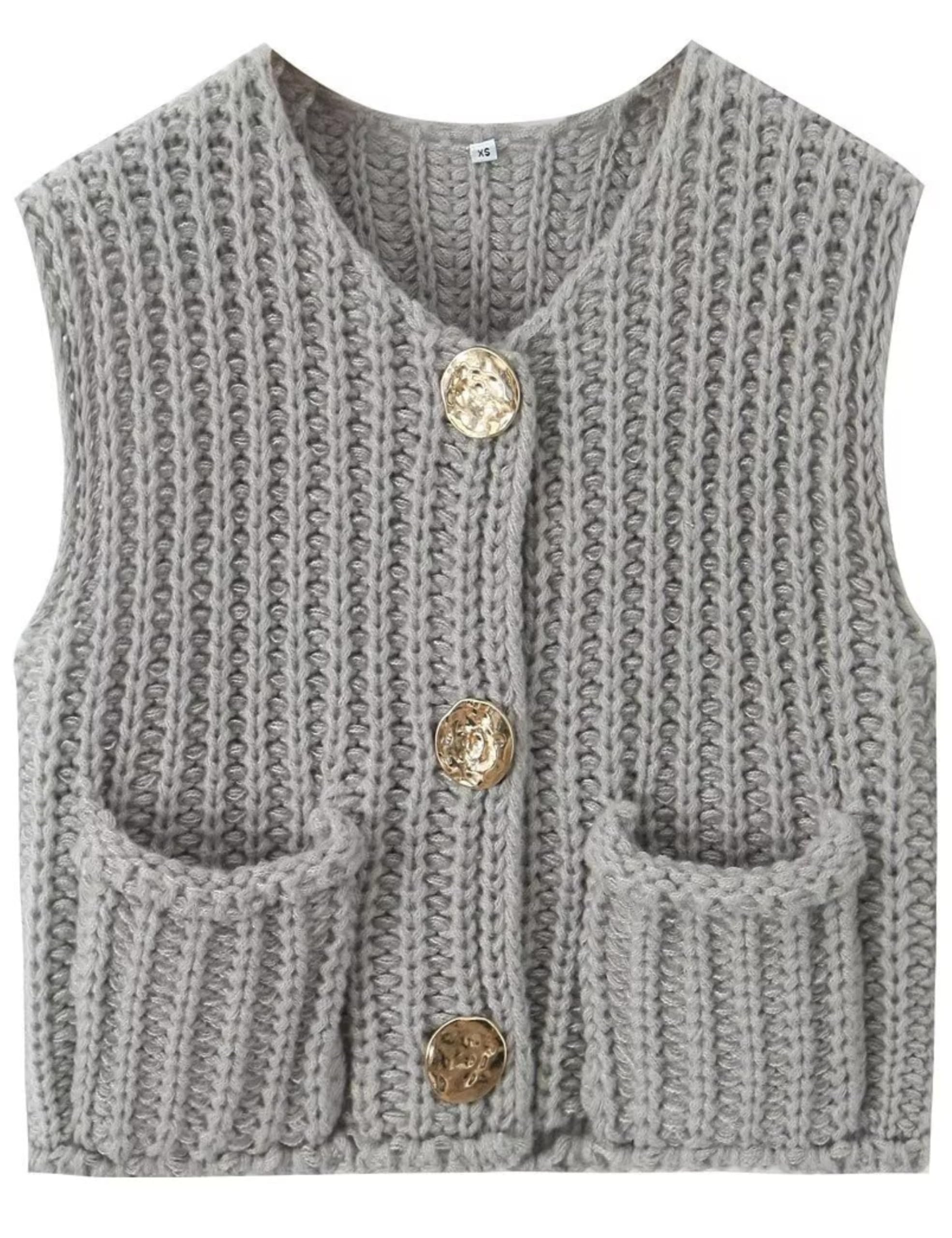 Colete Aicharmwa Chunky Knit Button Down De Crochê Cinza Para Mulheres