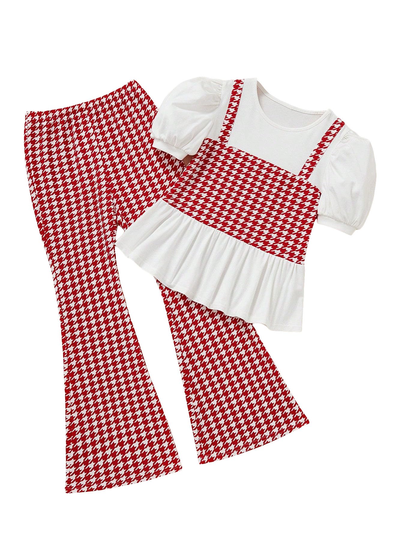 Camiseta E Calça Femininas De Manga Folhada Da Outfit Milumia Houndstooth 7y