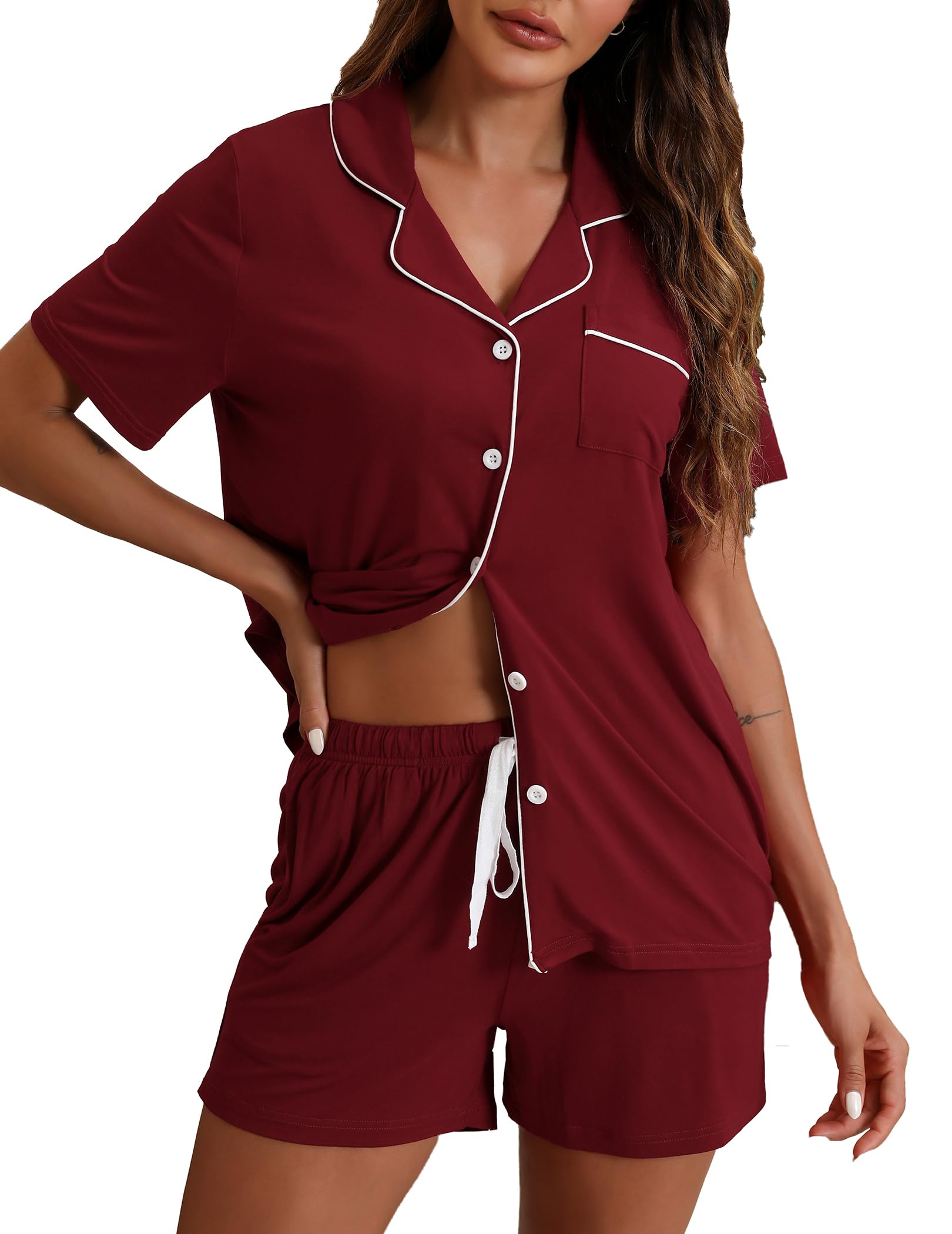 Conjunto De Pijama Feminino Zmj, 2 Peças, Lounge, Manga Curta, Vinho Tinto S