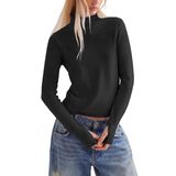 Camisa De Manga Comprida De Gola Alta Silly Turtle Casual Feminina Preta