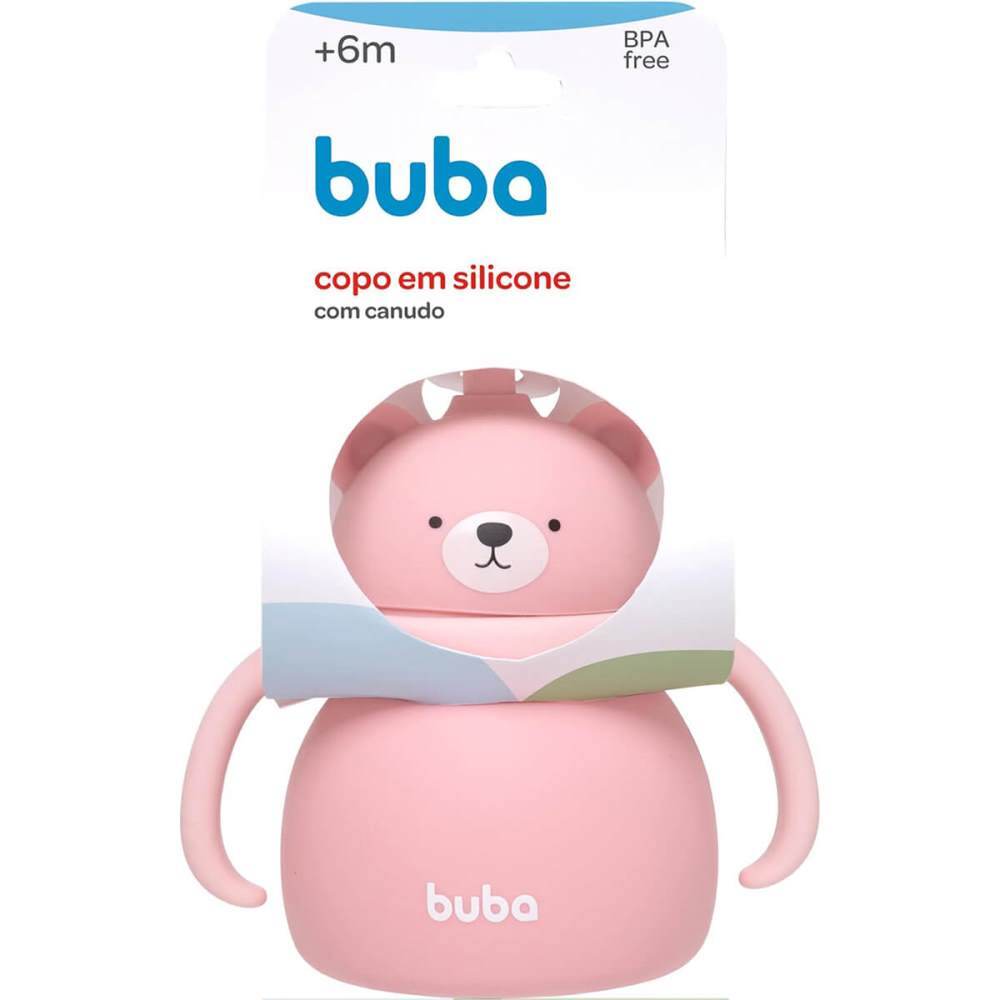 Copo Em Silicone Com Canudo Urso Rosa 200 Ml Buba