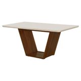 Mesa De Jantar Luxo Retangular 160x90 Mdf Vidro Para 6 Lugares Pés Madeira Maciça Safira Imbuia Off White
