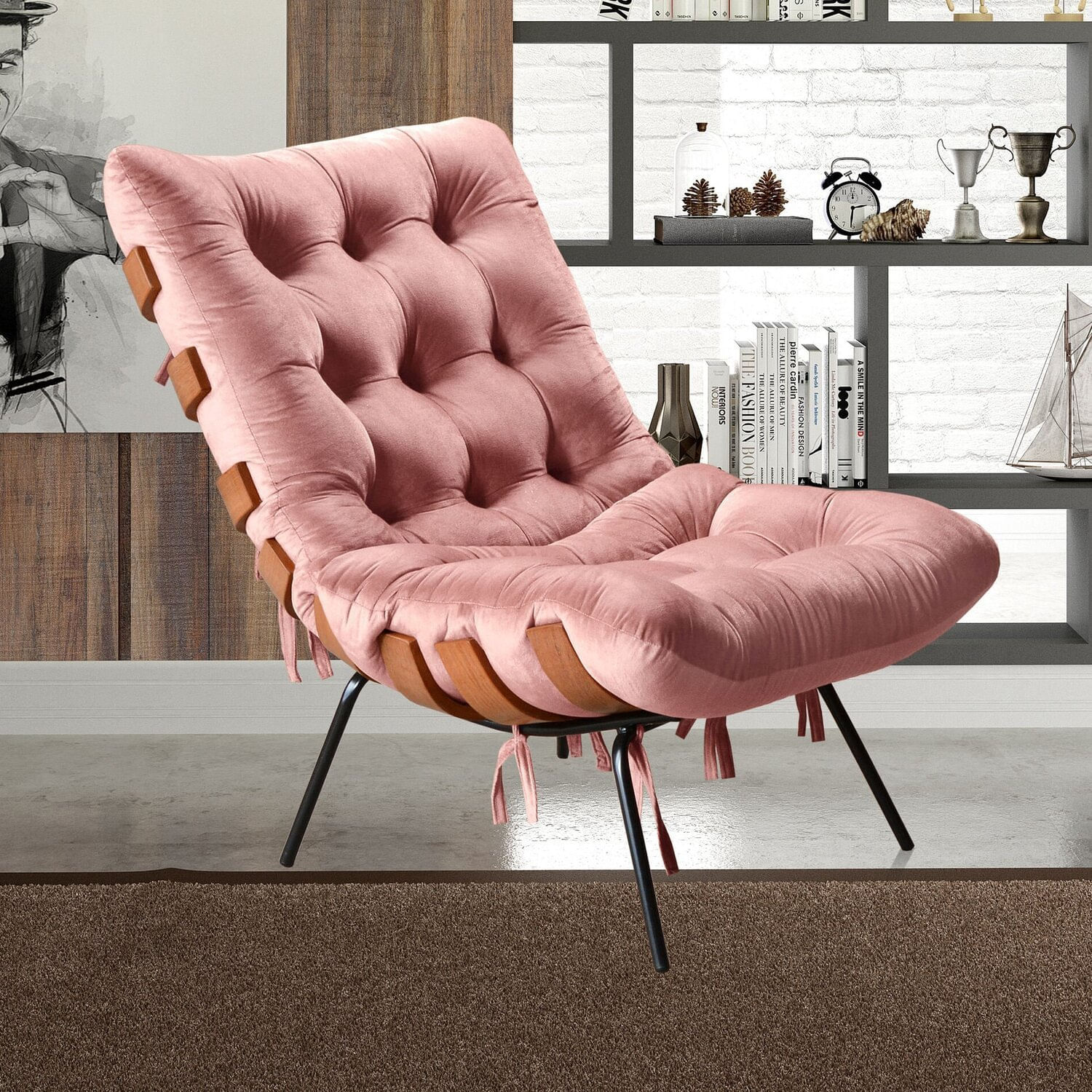 Poltrona Base Fixa Para Sala De Estar Costela Rose