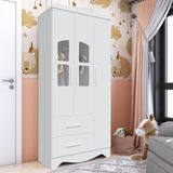 Guarda-roupa Infantil 92,9cm 3 Portas E 2 Gavetas Com Janelas Alice 100% Mdf Espresso Móveis Branco Brilho