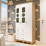 Guarda-roupa Infantil 91,9cm 3 Portas 3 Gavetas Com Janelas E Pés Ezra 100% Mdf Espresso Móveis Branco/amêndoa