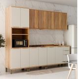 Cozinha Modulada Completa 270cm 5 Peças 13 Portas Com Tampo 100% Mdf Noruega Fresada Espresso Móveis Amêndoa/off White