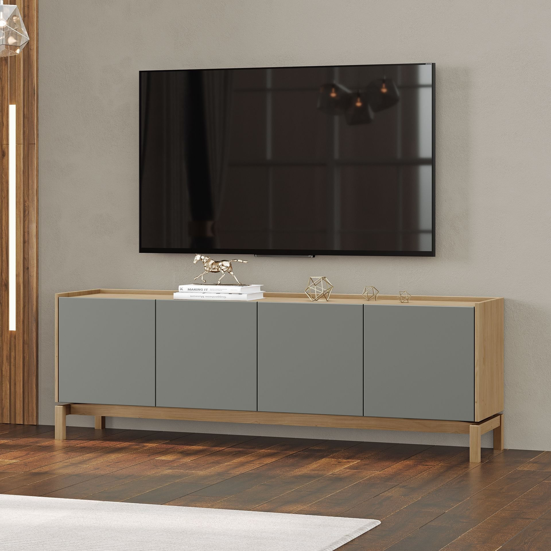 Rack Para Tv Até 50 Polegadas Em Madeira Maciça E Mdf Linha Barcelona Oak/ferrolack