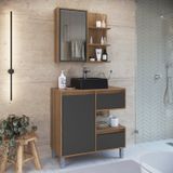 Gabinete De Banheiro 80cm Paula Com Espelheira 01 Porta E Cuba Preta Mel/grafite