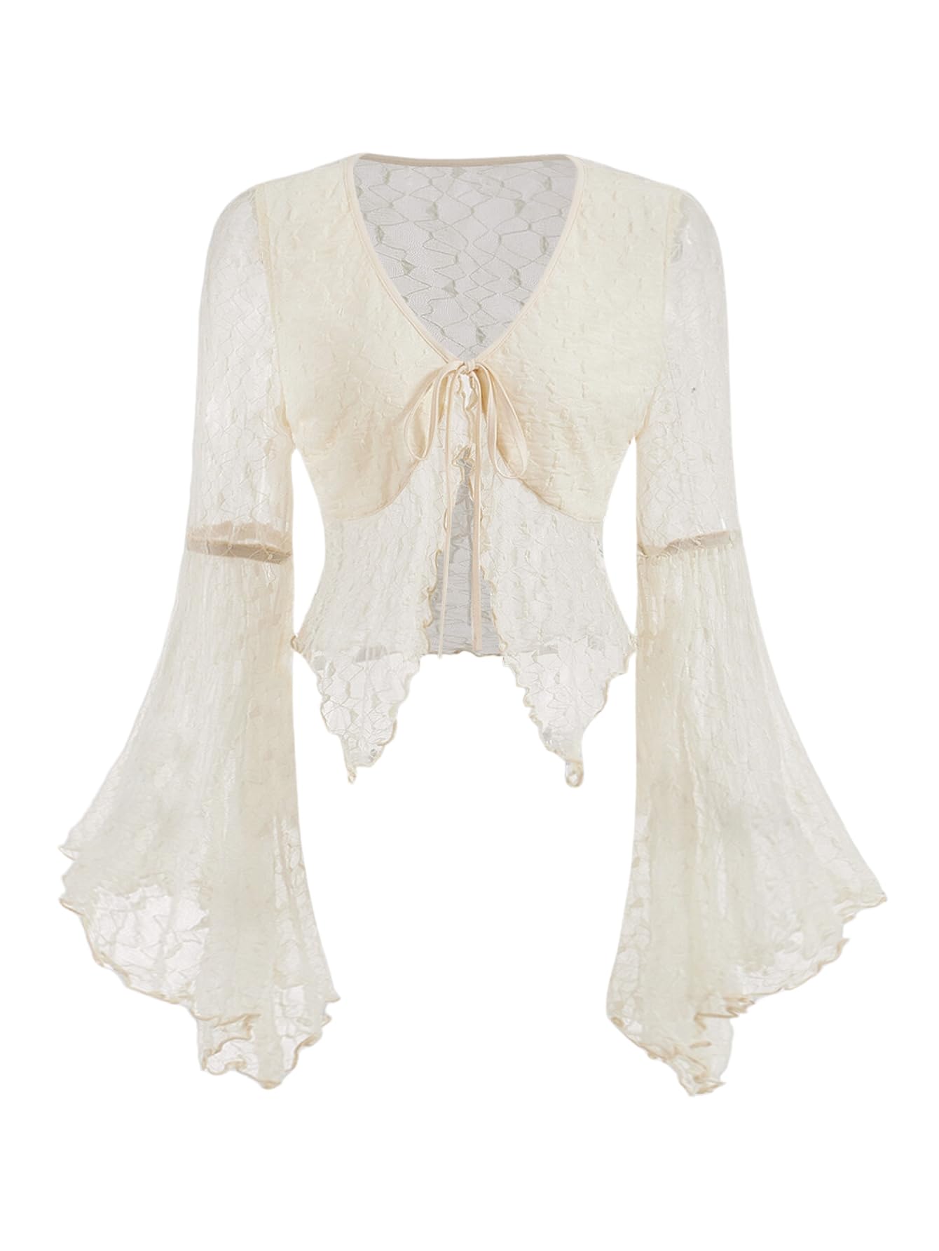 Blusa Feminina Verdusa, Gravata De Renda, Manga De Sino, Damasco