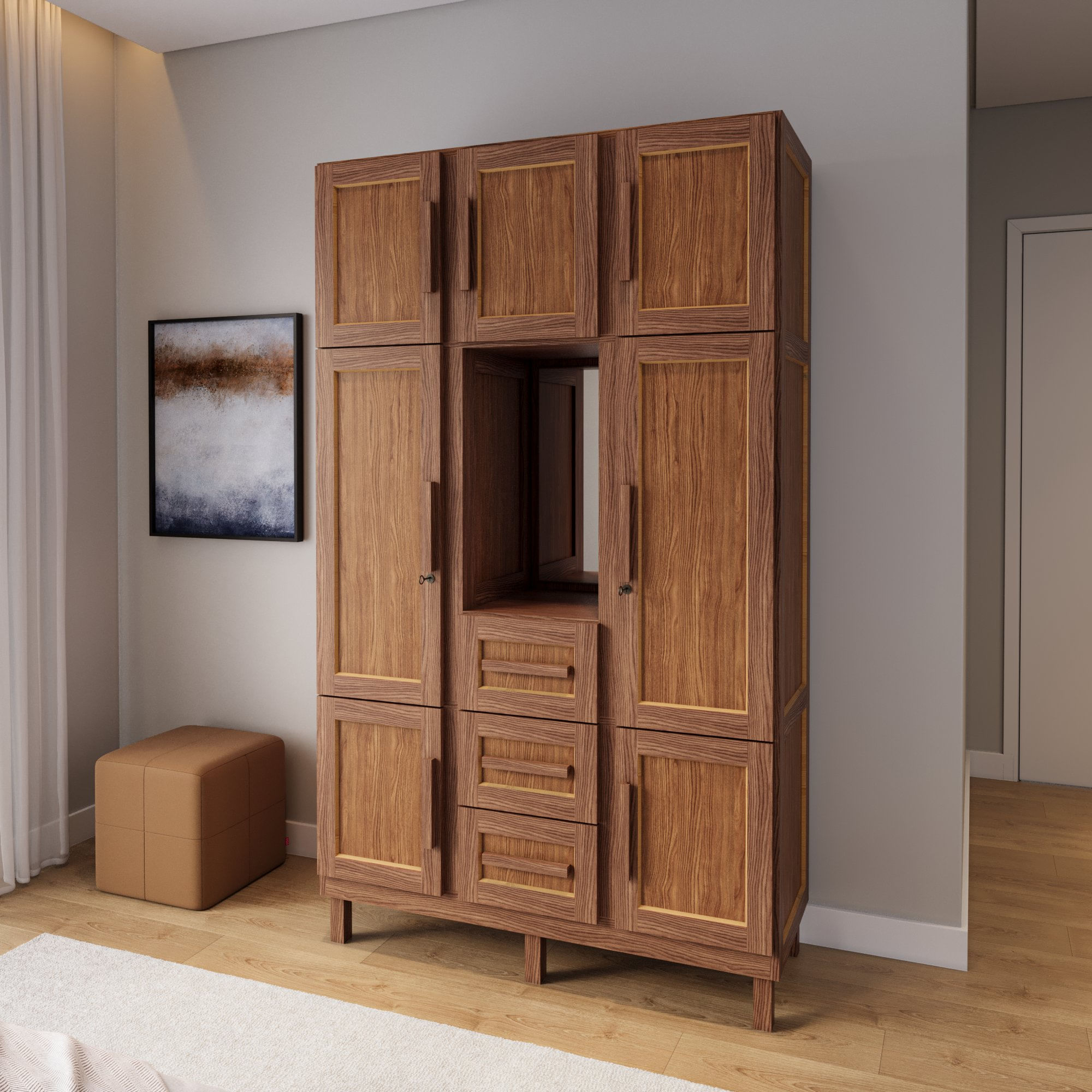 Guarda-roupa Solteiro Com Espelho 7 Portas 3 Gavetas Belém Capelinha Ypê