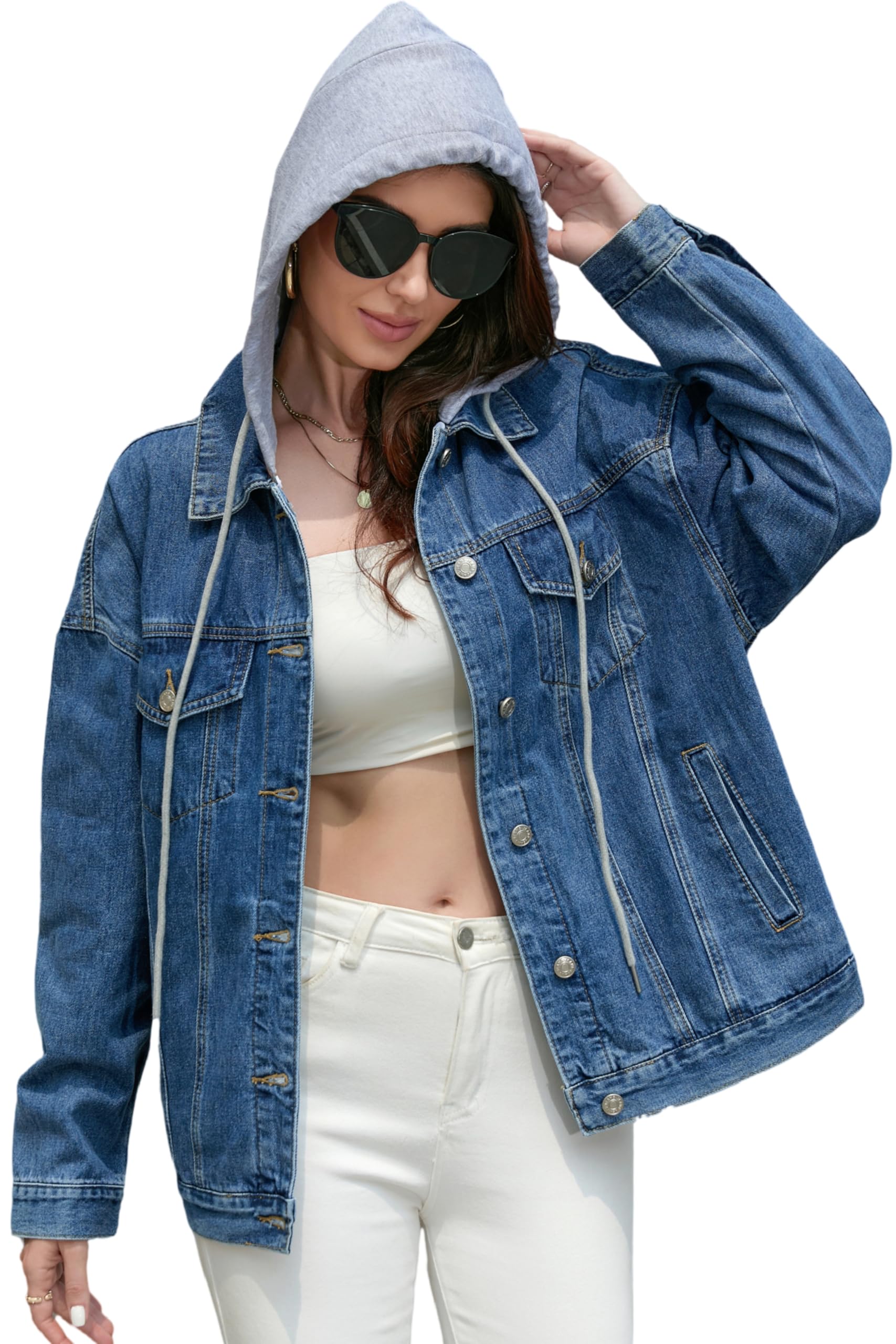 Jaqueta Jean Muundim Feminina Plus Size Com Capuz Azul Jeans