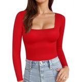 Camiseta Feminina Mangopop, Manga Comprida, Gola Quadrada, Vermelha