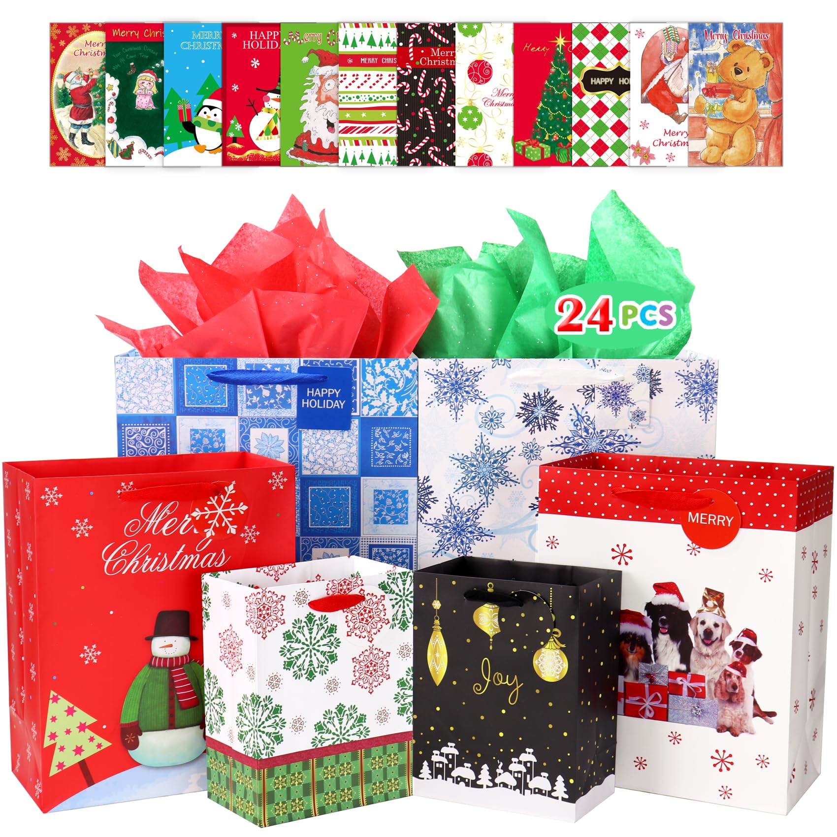 Conjunto De Sacolas De Presente De Natal Fzopo, 12 Unidades Com 12 Cartões Comemorativos