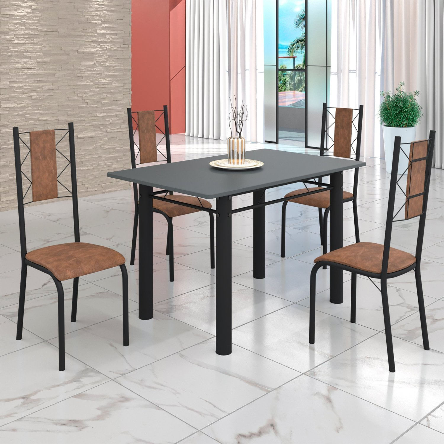 Conjunto Sala De Jantar Bahia Mesa Tubo 120x75cm Tampo Pedra Com 4 Cadeiras Preto/marrom