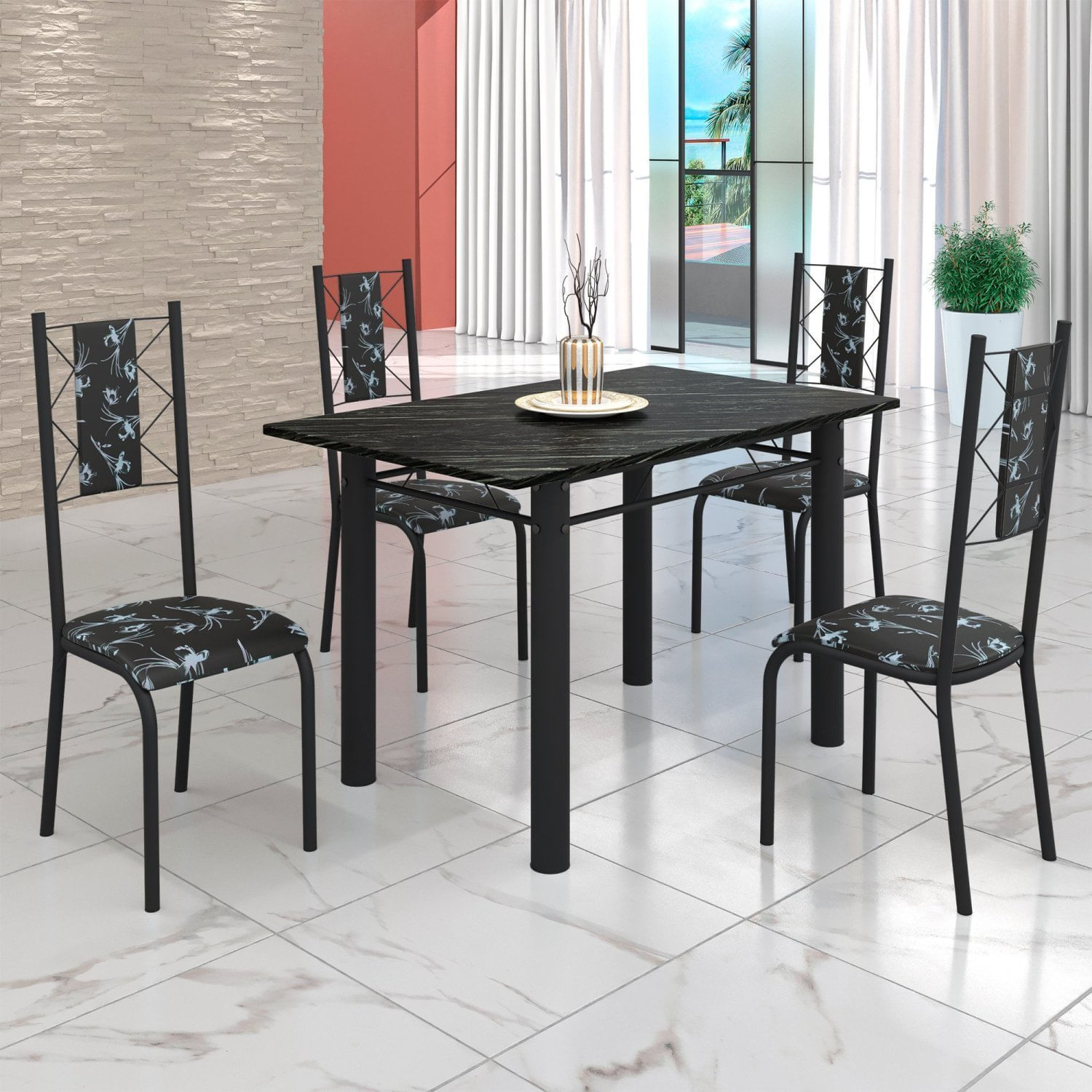 Conjunto Sala De Jantar Bahia Mesa Tubo 120x75cm Tampo Madeira Indiana Com 4 Cadeiras Preto/preto Floral