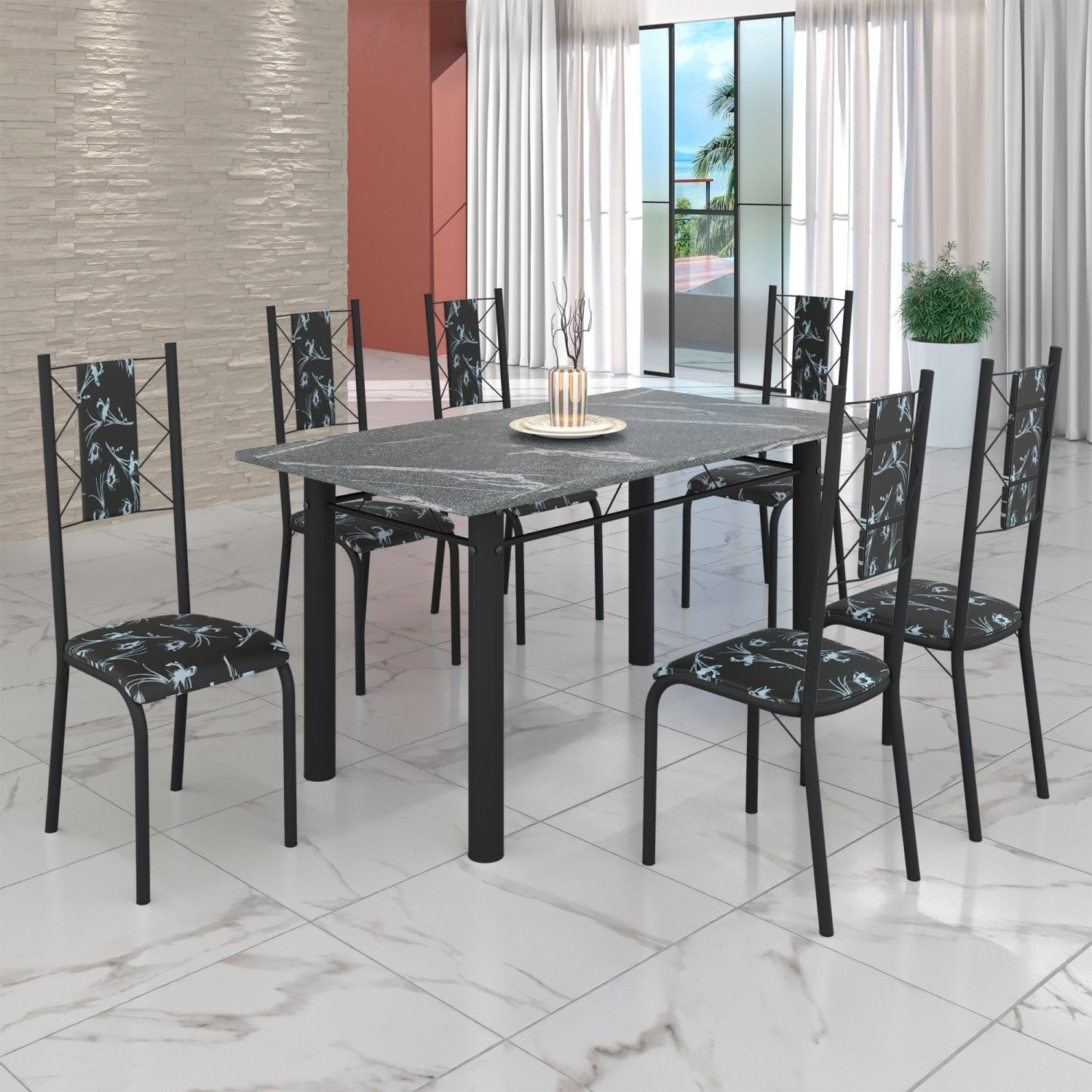 Conjunto Sala De Jantar Bahia Mesa Tubo 3" 140x75cm Tampo Pedra Granito Topázio Com 6 Cadeiras Preto/preto Floral