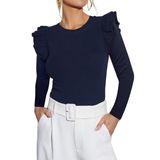 Camisa Feminina Bonitee De Outono Com Babados, Manga Canelada, Azul Marinho