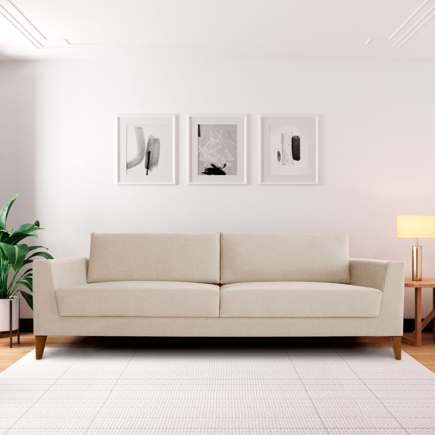 Sofá 2 Lugares 180cm Break Estilo Moderno Linho Pés Em Madeira Maciça Bege