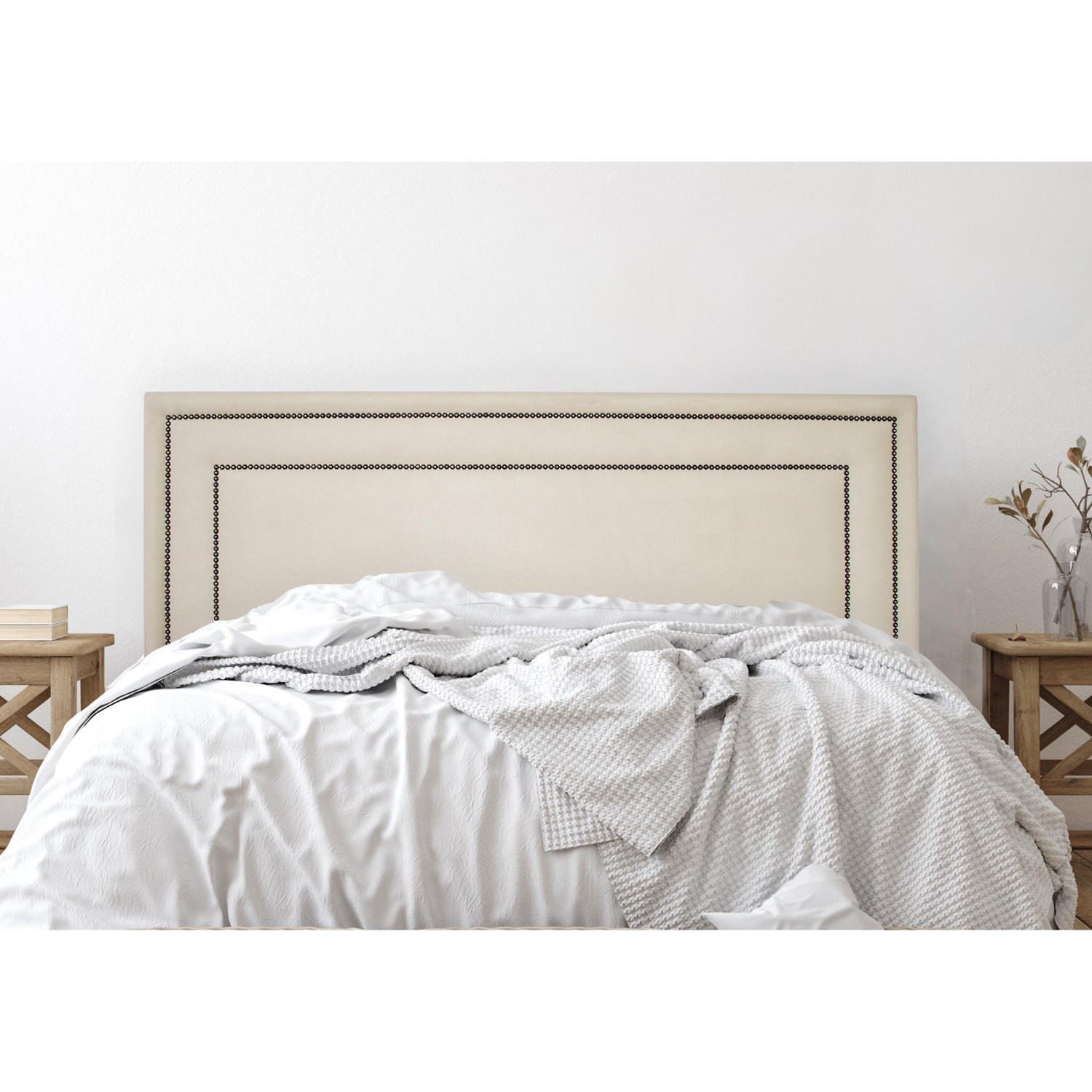 Cabeceira King Estofada Para Cama Box Com Tachas 193x60cm Reta Luxo Dupla Off White/fumê
