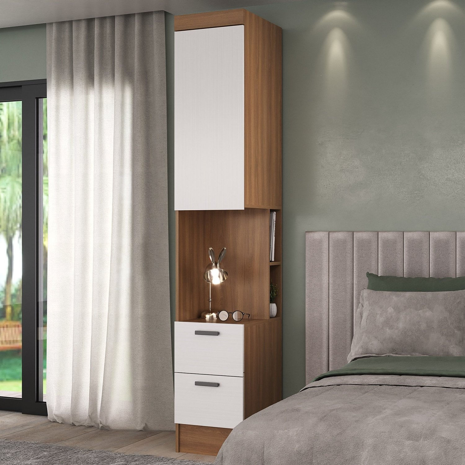 Módulo Mesa De Cabeceira Alta 1 Porta 2 Gavetas Nogal/branco